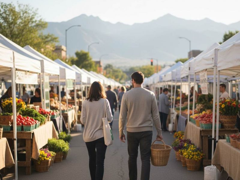 Couple shopping at the Downtown Farmers Market near Solis at Jackson Station in Salt Lake City.